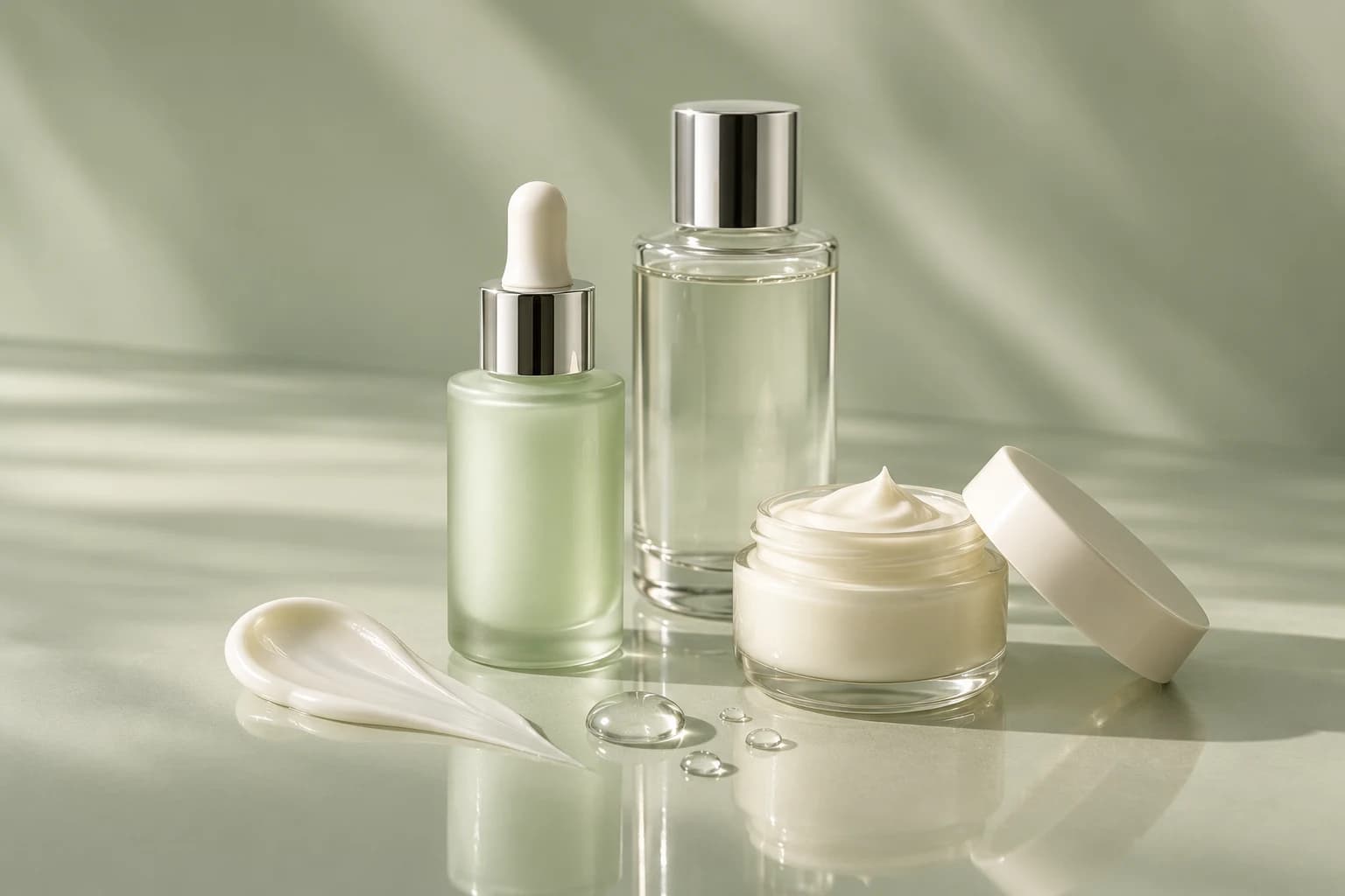 Serum bottles and a cream jar in the storefront’s soft sage setting